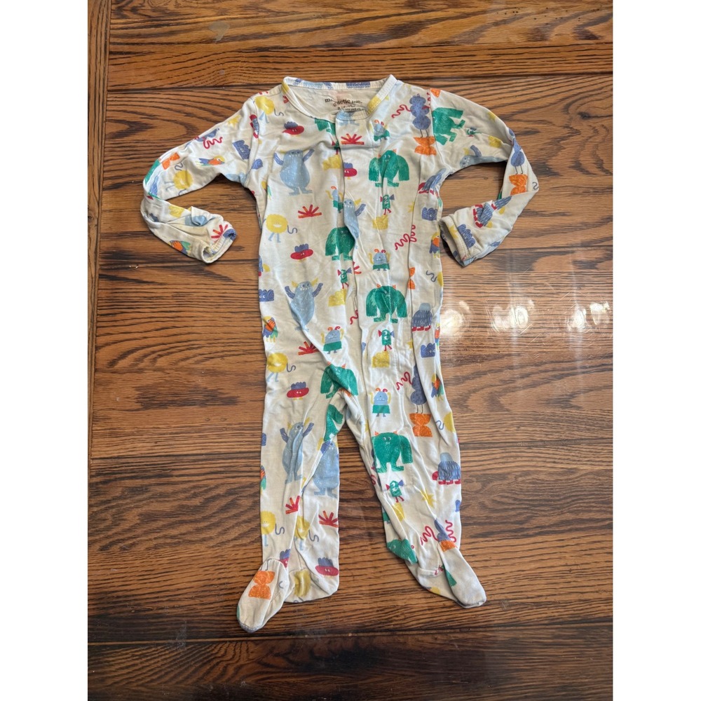 Magnetic Me Footie Kids 0-3 Months Cream Monster Print Magnetic Closure Pajamas